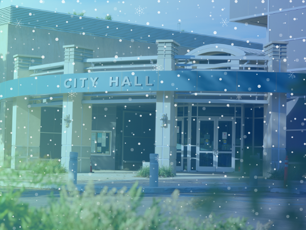 front of Ontario City Hall Building with blue transparent overlay, snow, and snowflakes